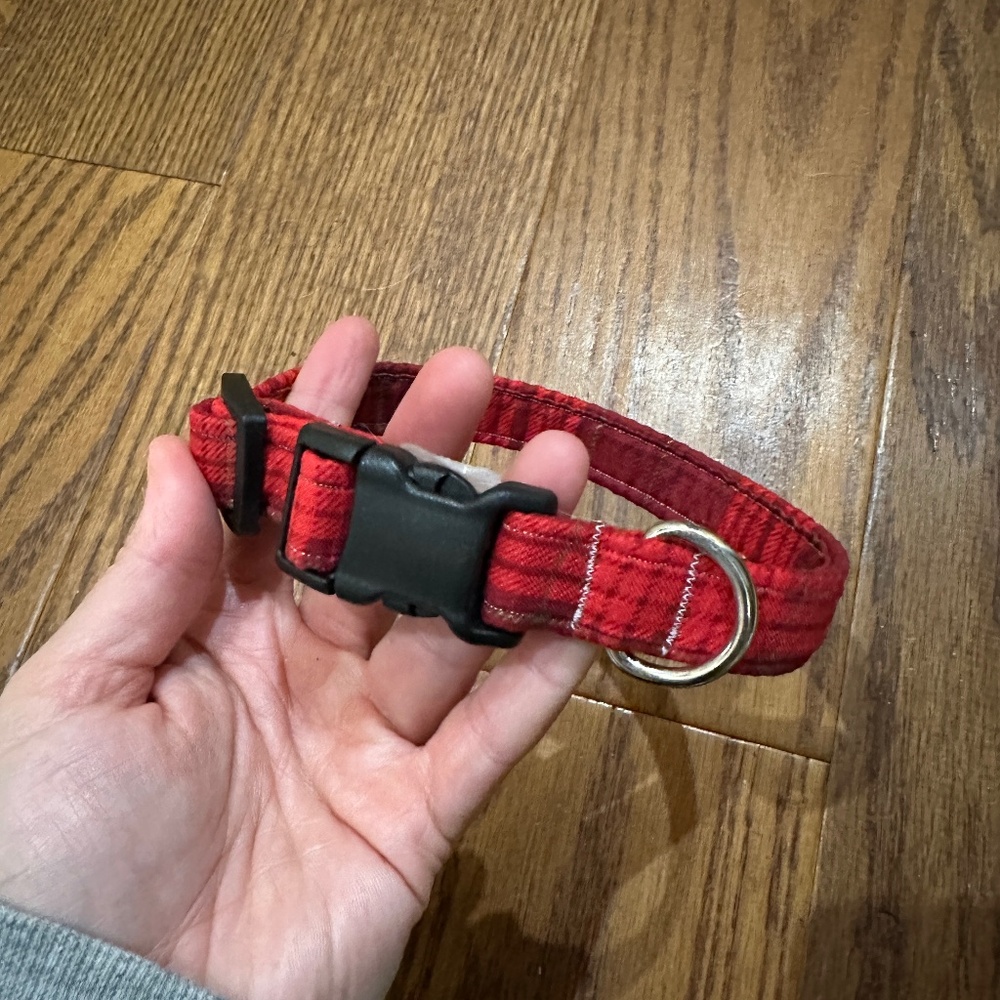 Handmade Christmas Red Plaid Adjustable Dog Collar 10 inch-14.5 inch Size L